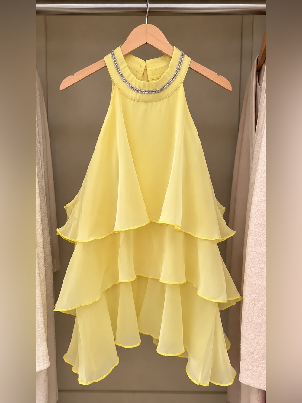 Yellow Tiered Halter Girls' Dress with Beaded Neckline